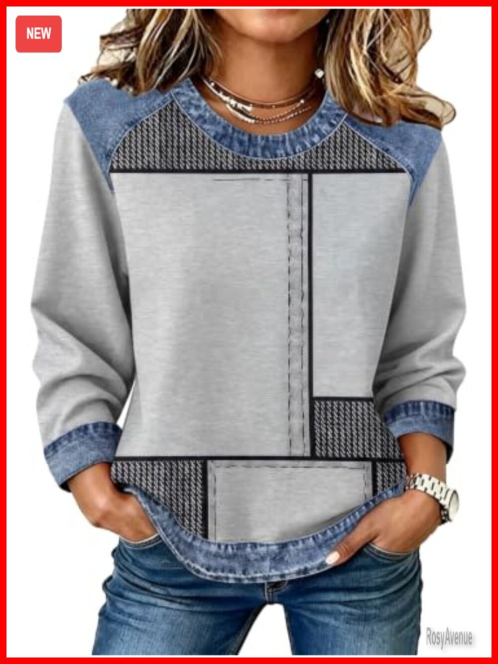 Womens Denim Patchwork Crewneck Sweatshirt Plaid Striped Pullover